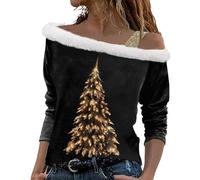 Navidad mujeres manga larga impresión felpa fuera del hombro tirantes manga larga camiseta top blusa túnica damas top brillo, Negro , M