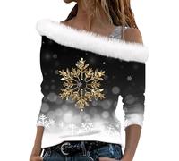 Navidad Mujeres manga larga impresión felpa tirantes hombro descubierto manga larga camiseta top blusa túnica mujer top sin mangas, Negro , XXL