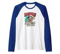 Navidad: Papá Noel surfeando Entre Las Olas Camiseta Manga Raglan