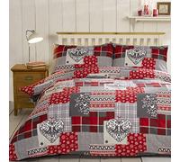 Navidad Patchwork 100% algodón Cepillado Franela corazón Colcha de edredón y Funda de Almohada Juego de Ropa de Cama, Rojo/Multicolor, único