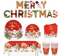 Navideña Juego de Decoración 82 Piezas, 20 Invitados Árbol De Navidad Santa Elk de Fiesta 20 Platos de Papel Grandes 20 Platos de Postre 20 Servilletas 20 Tazas Bandera De Dibujos Animados De 2,2 M