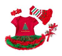 Navideño para Niñas Conjunto de 4 Piezas con Falda Diadema Zapatos y Mangas Leg Acolchadas para Bebés y Pequeñas con Estampado Festivo de Invierno (Brick Red, 12-24 Months)