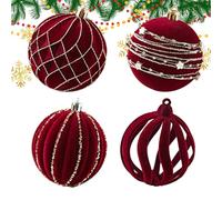 navideños flocados: de Terciopelo Burdeos, 4 Bolas de Purpurina, Juego de Colgantes Decorativos Color Crema, diseño de Lujo inastillable | Decoración Colgante de Calida