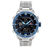 Naviforce - NF9136S - Reloj de Pulsera de Cuarzo Digital Analógico de Doble Tiempo para Hombre, Banda de Metal, Impermeable (Banda: Plata/Índice: Azul)