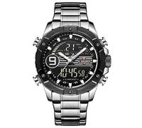 Naviforce - NF9146S - Reloj de Pulsera de Cuarzo Digital Analógico de Doble Tiempo para Hombre, Banda de Metal, Impermeable (Banda: Plata/índice: Blanco, Plata)