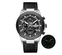 NAVIFORCE Reloj cronógrafo deportivo para hombre, con calendario, de cuarzo, impermeable, correa de piel auténtica, regalos para hombre, Plateado y negro, ocasiones de negocios