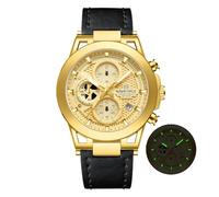 NAVIFORCE Reloj cronógrafo deportivo para hombre, con calendario, de cuarzo, impermeable, correa de piel auténtica, regalos para hombre, Dorado+Negro, ocasiones de negocios