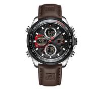 NAVIFORCE Reloj de pulsera analógico de cuarzo impermeable para hombre, estilo militar, multifuncional, de cuero, Plateado y negro, Moda