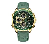 NAVIFORCE Reloj de pulsera analógico de cuarzo impermeable para hombre, estilo militar, multifuncional, de cuero, Dorado+Verde, Moda