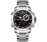 NAVIFORCE Reloj de pulsera de cuarzo con correa de acero inoxidable 3ATM, resistente al agua, multifuncional, luminoso, doble movimiento, cronógrafo analógico-digital, reloj para hombre, plata,