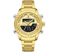 NAVIFORCE Reloj digital analógico LED para hombre, fecha, semana, deportes, acero, para hombre, dorado, Clásico