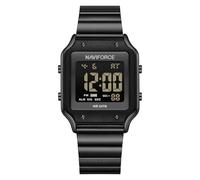 NAVIFORCE Reloj digital deportivo impermeable para hombre con cronómetro, alarma, correa de acero inoxidable, reloj de pulsera para mujer, negro