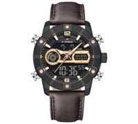 NAVIFORCE Reloj digital militar para hombre, correa de cuero, carcasa de aleación, impermeable, analógico, de lujo, deportivo, reloj de pulsera de diseño deportivo, doble hora, alarma luminosa, Oro
