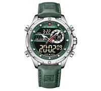 NAVIFORCE Reloj digital militar para hombre, movimiento de cuarzo japonés, analógico, impermeable, deportivo, multifuncional, reloj de pulsera de cuero, plata, Correa