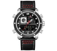 NAVIFORCE Relojes de doble pantalla para hombre, de cuero, de lujo, militar, impermeable, casual, deportivo, reloj digital, plata