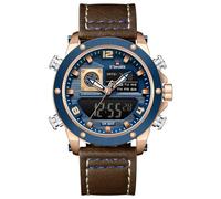 NAVIFORCE Relojes de doble pantalla para hombre, de cuero, de lujo, militar, impermeable, casual, deportivo, reloj digital, Azul dorado.