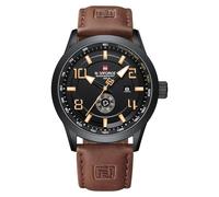 NAVIFORCE Relojes deportivos para hombre, correa de cuero, impermeable, de cuarzo, analógico, fácil de leer con fecha automática, Amarillo, Deportivo