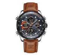 Naviforce Relojes digitales militares para hombre Reloj de cuarzo analógico impermeable Reloj deportivo multifuncional con correa de piel, Silver Gray