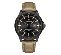 NAVIFORCE Relojes minimalistas impermeables de cuarzo con correa de cuero para hombre con fecha automática, Negro Amarillo, 46mm, Moda