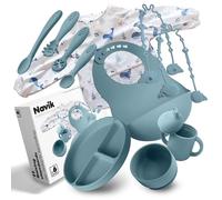 Navik | Juego vajilla bebe de silicona 12 piezas | Incluye plato ventosa dividido | vaso aprendizaje | cuchara | cuenco ventosa | +6 meses | azul ártico