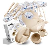 Navik | Juego vajilla bebe de silicona 12 piezas | Incluye plato ventosa dividido | vaso aprendizaje | cuchara | cuenco ventosa | +6 meses | beige