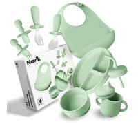 Navik | Set vajilla bebe de silicona 10 piezas | Contiene plato ventosa dividido | vaso aprendizaje | juego cucharas | cuenco | babero | +6 meses | Verde