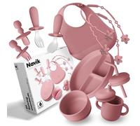 Navik | Set vajilla bebe de silicona 12 piezas | Contiene plato ventosa dividido | vaso aprendizaje | juego cucharas | cuenco | babero | +6 meses | Rosa