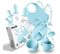 Navik | Set vajilla bebe de silicona 12 piezas | Contiene plato ventosa dividido | vaso aprendizaje | juego cucharas | cuenco | babero | +6 meses | Azul