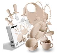 Navik | Set vajilla bebe de silicona 12 piezas | Contiene plato ventosa dividido | vaso aprendizaje | juego cucharas | cuenco | babero | +6 meses | Beige