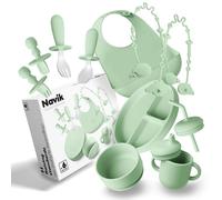 Navik | Set vajilla bebe de silicona 12 piezas | Contiene plato ventosa dividido | vaso aprendizaje | juego cucharas | cuenco | babero | +6 meses | Verde