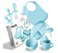 Navik | Set vajilla bebe de silicona | Contiene plato ventosa bebe dividido | vaso aprendizaje | juego cucharas | cuenco | babero | +6 meses | Azul