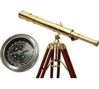 Navirock Telescopio náutico marino azul marino de latón macizo con diseño de telescopio de latón brillante por artesanos indios con trípode de madera, soporte marrón ajustable con brújula cromada