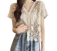 Navna Botones De Ganchillo Encogiéndose De Hombros Casual Ligero Verano Outwear Top Mujer Manga Corta Encaje Punto Cárdigan Regalo Encaje Crochet Cárdigan Mujer Ligero Verano 3/4 Manga Corta/Larga