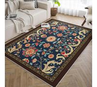 Navy Blue 120x150 Area Alfombra Salon Alfombrilla Lavable Neutral Vintage Floral Soft Thin Large Tapete Indoor Floor No Slip for Dormitorio Under Dining Table Oficina Decor Pet Friendly