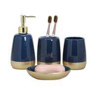 Navy Blue Gold Luxury Bathroom Accessories Set 4 Pieces,Vanity Countertop Ceramic Accessory Set for Bathroom Decor with Soap Dispenser,Toothbrush Holder, Tumbler,Soap Dish (Navy Blue)