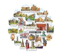 Navy Peony Pegatinas de Viaje Encantadas de Edimburgo (28 piezas) - Ilustradas a Mano, Estilo Gouache, Pegatinas Temáticas de la Ciudad Escocesa para Álbumes de Recortes, Diarios y Portátiles