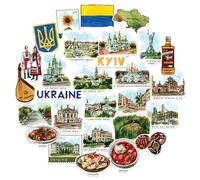 Navy Peony Pegatinas de Viaje Resiliente Ucrania (28 unidades) - Ilustradas a mano, Calcomanías temáticas del patrimonio ucraniano para diarios, álbumes y equipaje