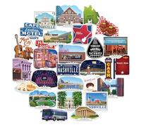 Navy Peony Pegatinas de Viaje Vibrantes de Nashville (28 piezas) - Ilustradas a Mano, Estilo Gouache, Pegatinas Temáticas de Ciudades de América para Álbumes de Recortes, Diarios y Portátiles