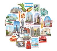 Navy Peony Windy Chicago - Pegatinas de viaje (28 unidades), estilo gouache, impermeables, calcomanías de vacaciones con temática de Estados Unidos para álbumes de recortes, diarios, laptop