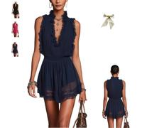 Navy Ruffle Trim Pleated Chiffon Lace Jumpsuit,Women V Neck Sleeveless Pleated Chiffon Short Romper Casual Vacation Outfit，Navy Blue：L