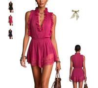 Navy Ruffle Trim Pleated Chiffon Lace Jumpsuit,Women V Neck Sleeveless Pleated Chiffon Short Romper Casual Vacation Outfit，Red：L