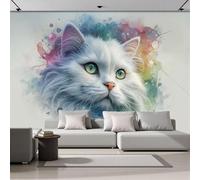 NAWVNMI 3D Panorámica De Pared De Lindo Gato Blanco Acuarela Animal Retrato Premium Papel Pintado Seda Para Sala Dormitorio Niño Dormitorio Decoración Moderno Póster Cuadros Fotos Pared (200 x 140cm)