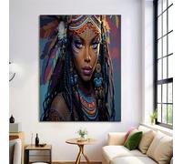 NAWVNMI África Tribu Mujer Pósters e impresiones Wall Art Canvas Pintura Plumas Tocado, para sala de estar decoración de pared decoración sin marco (1 unidad de 80x120cm)