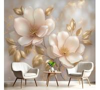 NAWVNMI Dormitorio Papel Pintado Diseño Floral Hoja Dorada Estilo Europeo Relieve Pared Panorámico 400 x 280cm Oro Beige Fotomurales, Póster Gigante de Pared Personalizado 3D Para Salón Fotomurales