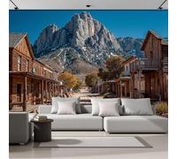 NAWVNMI Dormitorio Papel Pintado Oeste Pueblo Pequeño Desierto Montañas Pared Panorámico 200 x 140cm Marrón Azul Fotomurales, Póster Gigante de Pared Personalizado 3D Para Salón Fotomurales