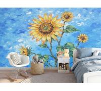 NAWVNMI Papel pintado de papel Seda Pintura Al Óleo Flores, 350 x 256cm Fotomurales XXL Girasoles Papel tapiz fotográfico Dormitorio Para la sala Decoracion Pared