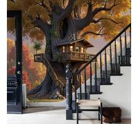 NAWVNMI Papel Pintado de Tela Seda, Cuentos De Hadas Casas En Los Árboles Árboles Antiguos Papel Pintado Decorativos del Hogar, Decorativo de Tela Seda para Sala de Estar Y Dormitorio 400 x 280cm