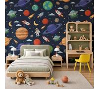 NAWVNMI Papel Pintado de Tela Seda, Dibujos Animados Espacio Planeta Cohete Papel Pintado Decorativos del Hogar, Revestimiento Decorativo de Tela Seda para Sala de Estar Y Dormitorio 400 x 280cm