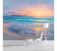 NAWVNMI Papel Pintado Pared Panorámico Atardecer Playa De Seda, 300 x 210cm, Olas Arena, Póster Gigante De Pared Personalizado 3D Para Salón O Dormitorio