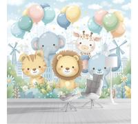 NAWVNMI Papel Pintado Pared Panorámico Dibujos Animados Zoológico De Seda, 250 x 175cm, Globo Molino De Viento, Póster Gigante De Pared Personalizado 3D Para Salón O Dormitorio